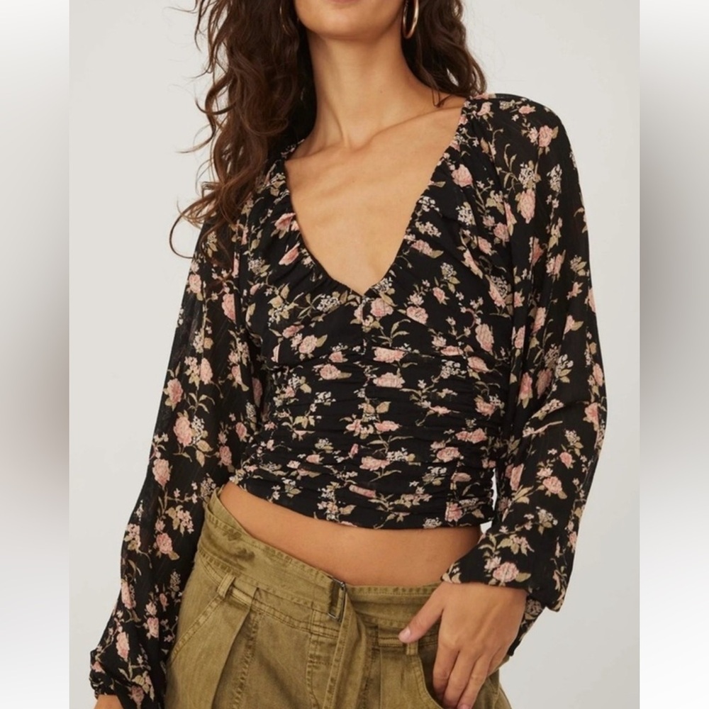 Free People Final Rose Black Combo Balloon Sleeve Blouse Women's Size - Picture 5 of 10